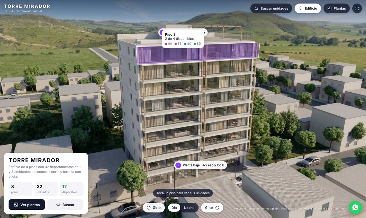 Showroom de edificio con terminaciones y ficha de unidad