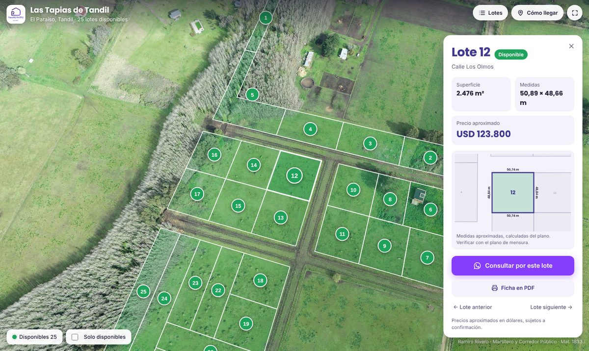 Tour aéreo del loteo Las Tapias con la ficha del lote 12